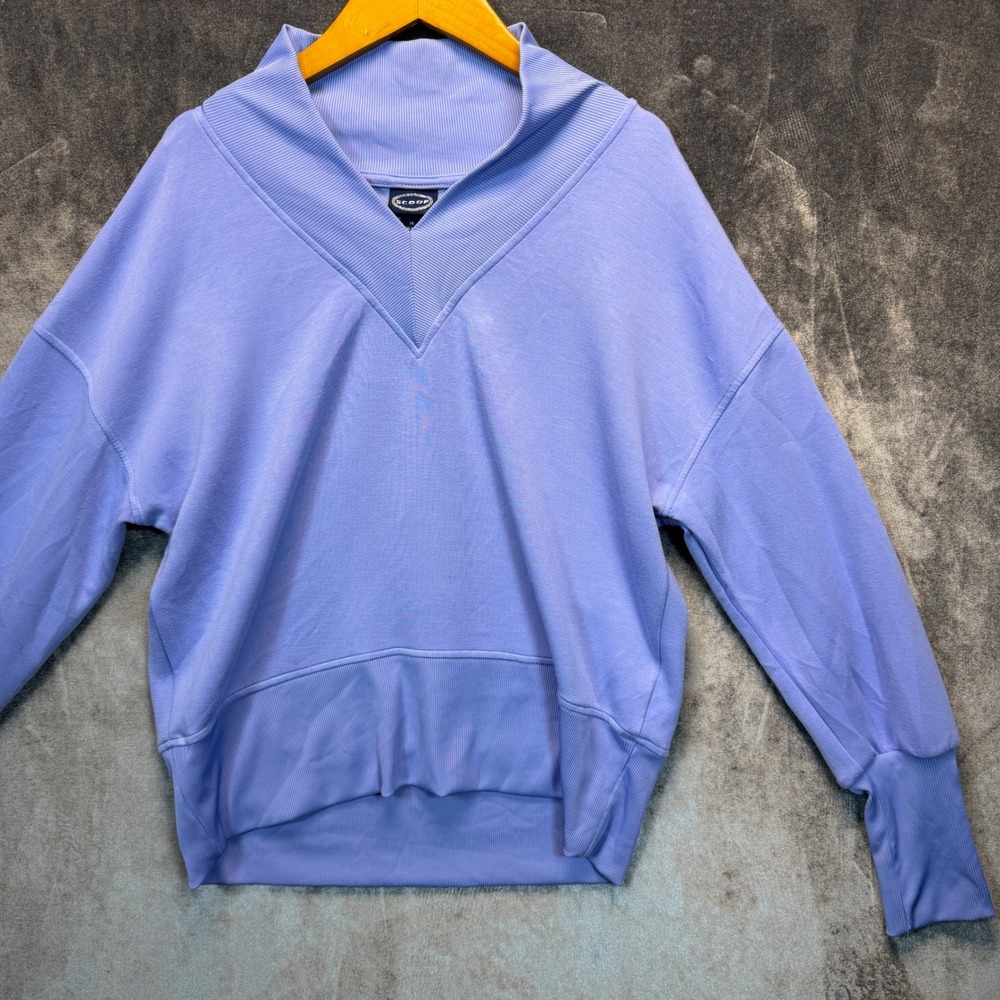 Scoop Pullover Sweatshirt Womens Purple Relaxed M Ribbed Trim V-Neck Casual